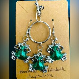 Handmade Green Frog Silver tone Earrings and Keychain Set Approx 1” long